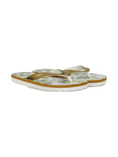 Roberto Cavalli Kids' Printed Logo Flip-flops In Green