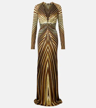 Roberto Cavalli Iside-print Long-sleeve Maxi Dress In Gold