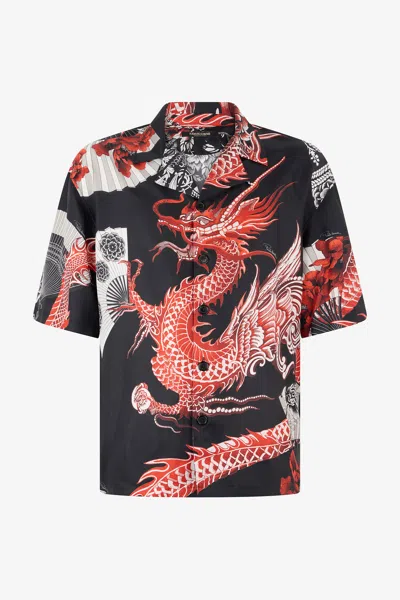 Roberto Cavalli Printed Silk Bowling Shirt In Black