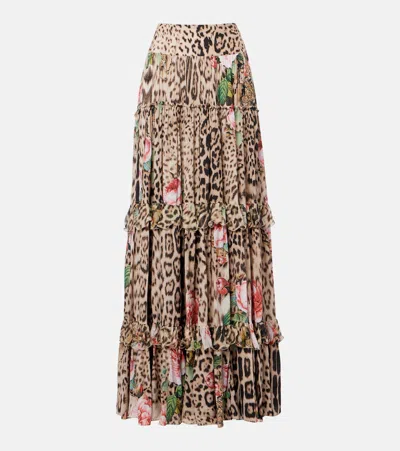 Roberto Cavalli Printed Tiered Ruffled Maxi Skirt In Brown