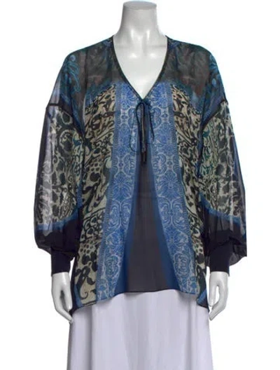 Pre-owned Roberto Cavalli Printed V-neck Blouse In Blue