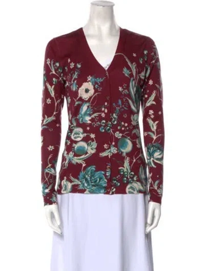 Pre-owned Roberto Cavalli Printed V-neck Sweater W/ Tags In Burgundy