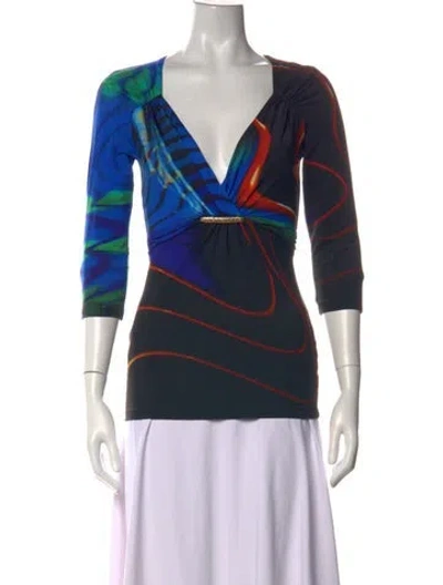 Pre-owned Roberto Cavalli Printed V-neck Top In Blue