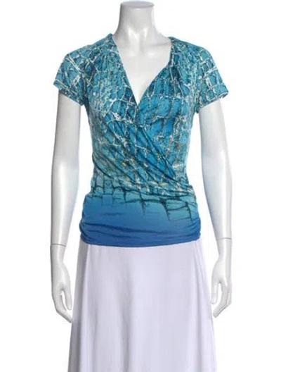 Pre-owned Roberto Cavalli Printed V-neck Top In Blue