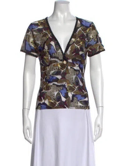 Pre-owned Roberto Cavalli Printed V-neck Top In Multi