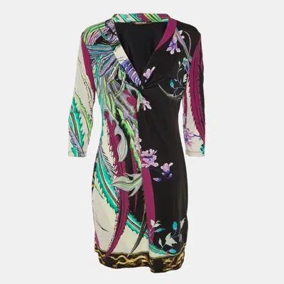 Roberto Cavalli Purple Abstract Floral Print Jersey Knotted Mini Dress In Brown