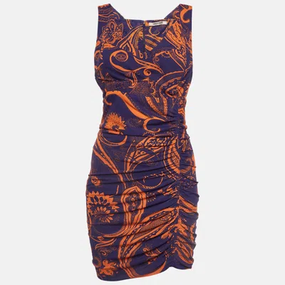 Pre-owned Roberto Cavalli Purple And Orange Printed Jersey Ruched Mini Dress M
