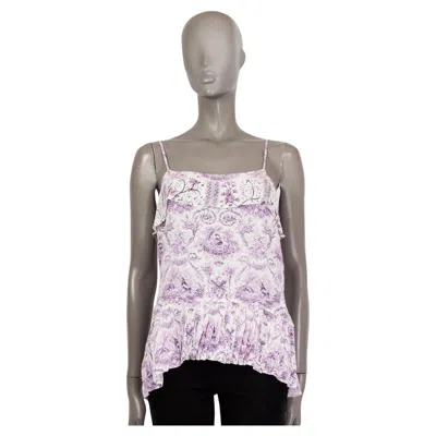 Pre-owned Roberto Cavalli Purple & White Silk Porcelain Print Ruffled Tank Top Shirt 40 S