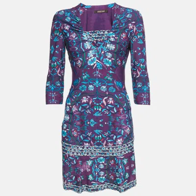 Pre-owned Roberto Cavalli Purple Floral Print Jersey V-neck Mini Dress M