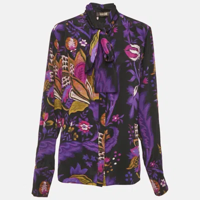 Pre-owned Roberto Cavalli Purple Floral Print Silk Neck Tie Detail Blouse L