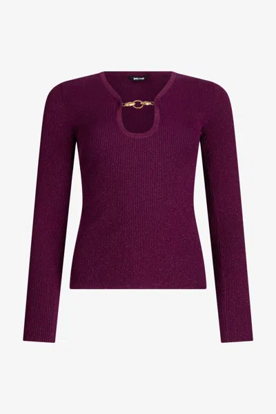 Roberto Cavalli Purple Lurex Sweater With Snake Detail In Red