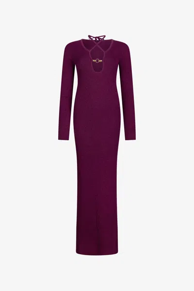 Roberto Cavalli Purple Maxi Dress With Snake Detail In Red