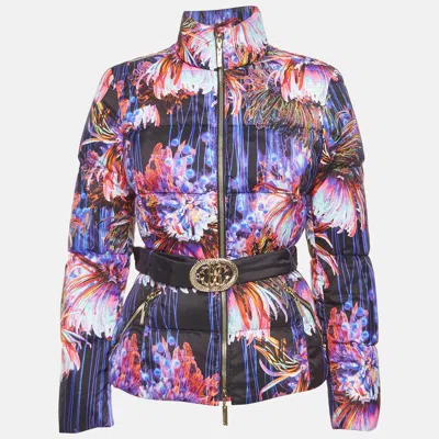 Roberto Cavalli Black Floral Print Nylon Puffer Down Jacket In Blue