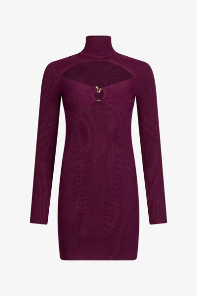 Roberto Cavalli Purple Ribbed Mini Dress With Snake Detail In Red