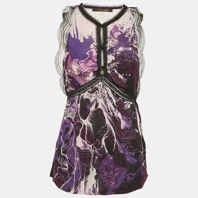 Pre-owned Roberto Cavalli Purple/multicolor Printed Lace Trim Detail Top S