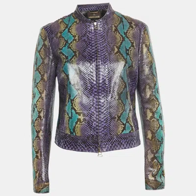 Pre-owned Roberto Cavalli Python Leather Zip Up Jacket M In Purple