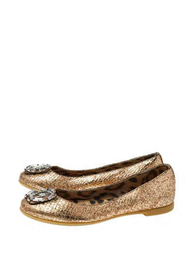 Pre-owned Roberto Cavalli Python-embossed Logo Ballet Flats In Gold
