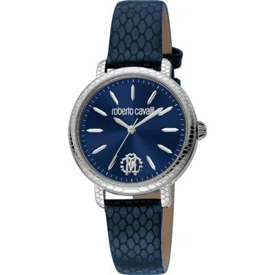 Roberto Cavalli Quartz Leather Strap Watch, 32mm In Blue