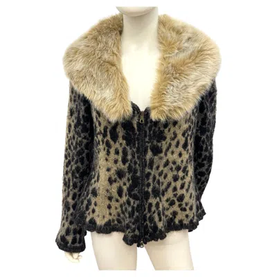 Pre-owned Roberto Cavalli Rare Class  2000�s L�opard Mohair Knit Jacket Goat Fur Collar In Beige