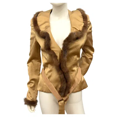 Pre-owned Roberto Cavalli Rare Class  Sculptural Gold Jacket Mink Fur Trim