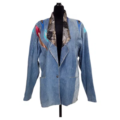 Pre-owned Roberto Cavalli Rare Denim Jacket With Vintage '70s Appliqu�s In Gray