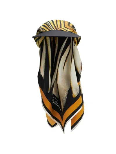 Roberto Cavalli Ray Of Gold Animal-print Scarf-detail Cap In Brown