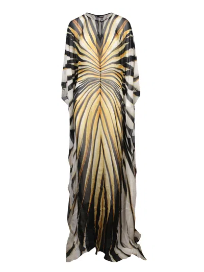 Roberto Cavalli Ray Of Gold Printed Viscose Long Dress In Grey