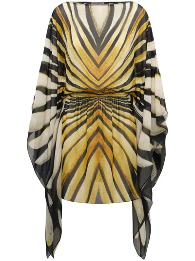 Roberto Cavalli Ray Of Gold Print Chiffon Silk Dress