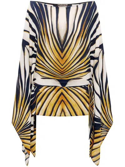 Roberto Cavalli Printed Boat-neck Belted Caftan Top In Gold