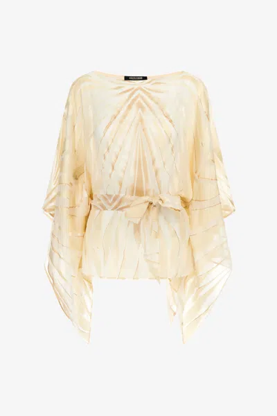 Roberto Cavalli Ray Of Gold Print Satin Caftan In Neutral