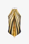 Roberto Cavalli Ray Of Gold Print Halterneck Silk Top In Gold