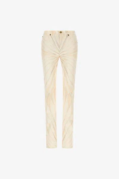 Roberto Cavalli Ray Of Gold Print Skinny Cotton Trousers In Ivory