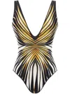 Roberto Cavalli Ray Of Gold Printed Lycra Swimsuit In Gold