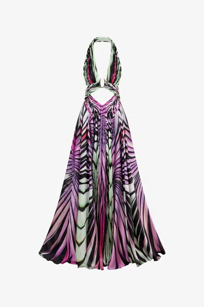 Roberto Cavalli Ray Of Paradise Print Silk Maxi Dress In Purple