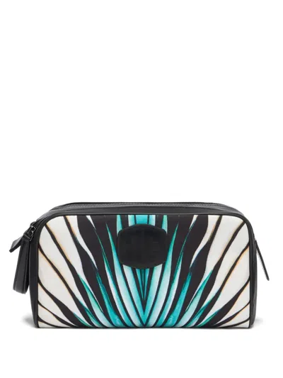 Roberto Cavalli Ray Of Sea Leaf-print Leather-trimmed Wash Bag In Black