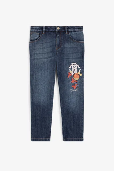 Roberto Cavalli Rc Monogram And Bird-embroidered Jeans In Dark Blue