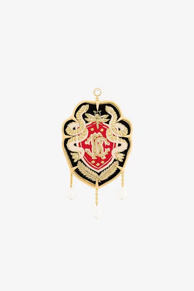 Roberto Cavalli Monogram Crest Statement Earrings In Oro/nero/cry