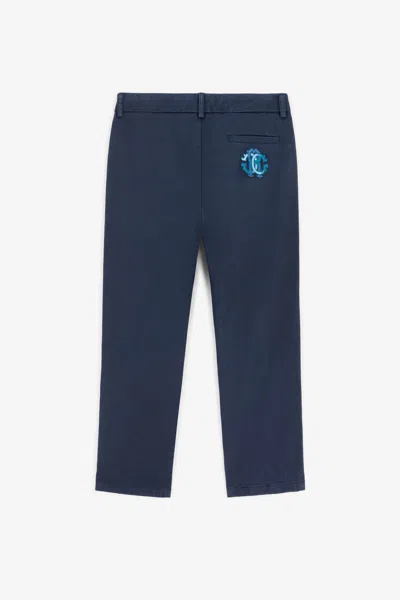 Roberto Cavalli Rc Monogram-embroidered Cotton Trousers In Dark Blue