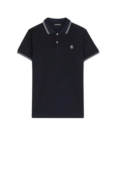 Roberto Cavalli Rc Monogram-embroidered Polo Shirt In Dark Blue