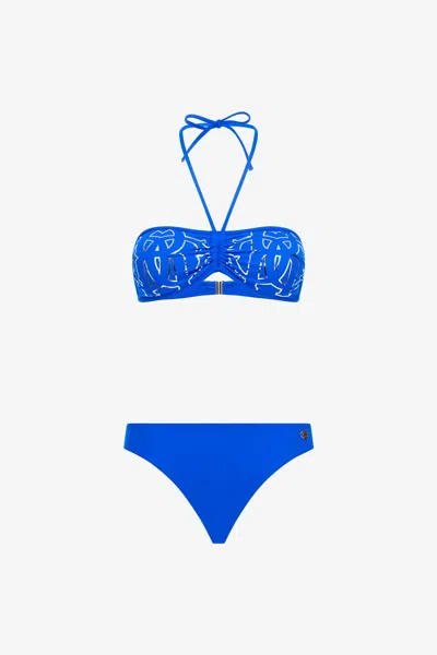 Roberto Cavalli Rc Monogram-print Bikini In Blue