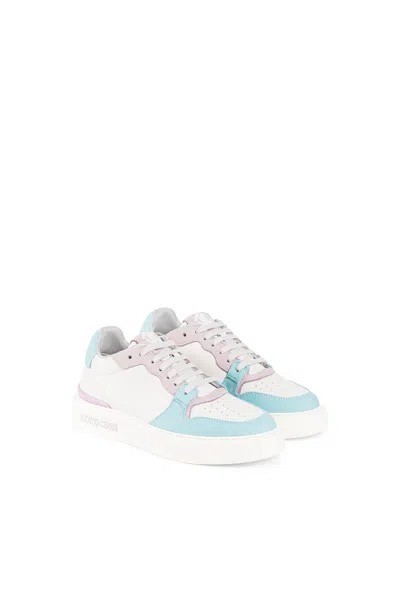 Roberto Cavalli Rc Monogram-print Sneakers In White/light Blue