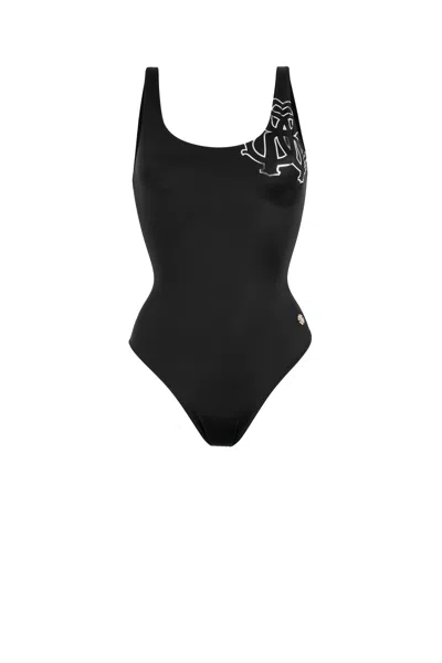 Roberto Cavalli Rc Monogram-print Swimsuit In Black