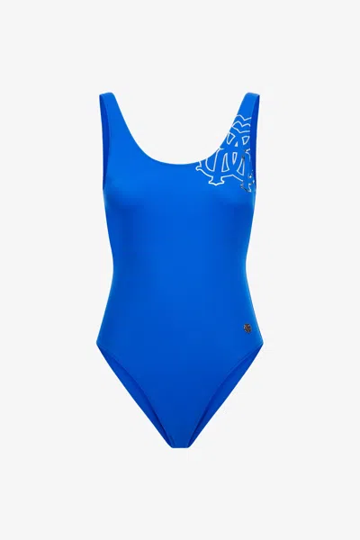 Roberto Cavalli Rc Monogram-print Swimsuit In Blue