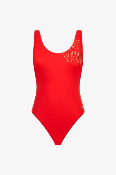 Roberto Cavalli Rc Monogram-print Swimsuit In Red