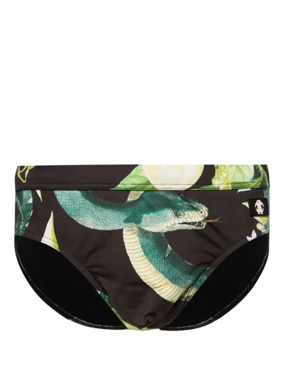 Roberto Cavalli Rc-patch Snake-print Swiming Trunks In Black