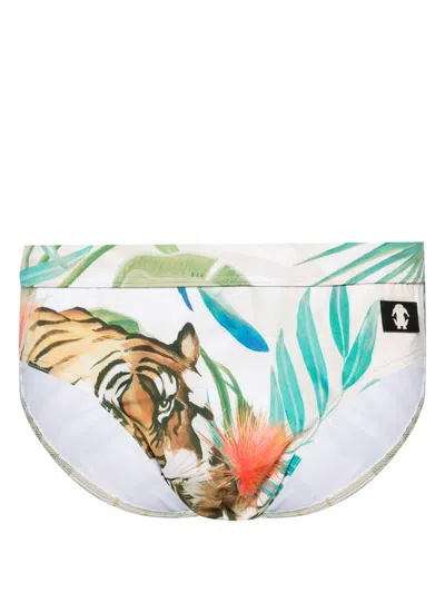 Roberto Cavalli Rc-patch Tiger-print Swiming Trunks In Neutrals
