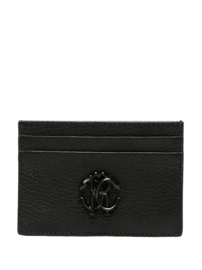 Roberto Cavalli Rc-plaque Leather Cardholder In Black