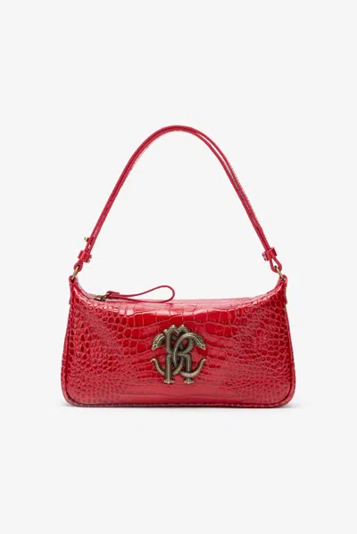 Roberto Cavalli Red Croc-embossed Shoulder Bag With Mirror Snake
