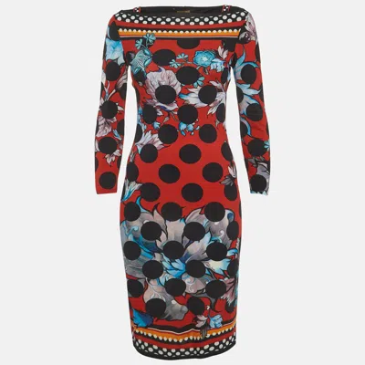 Pre-owned Roberto Cavalli Red Floral And Polka Dot Print Jersey Knit Mini Dress M In Multi