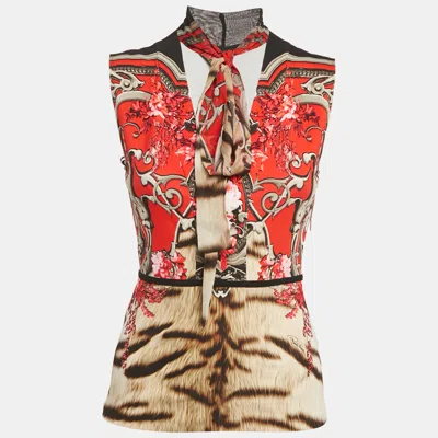 Pre-owned Roberto Cavalli Red Floral Print Jersey Sleeveless Top S